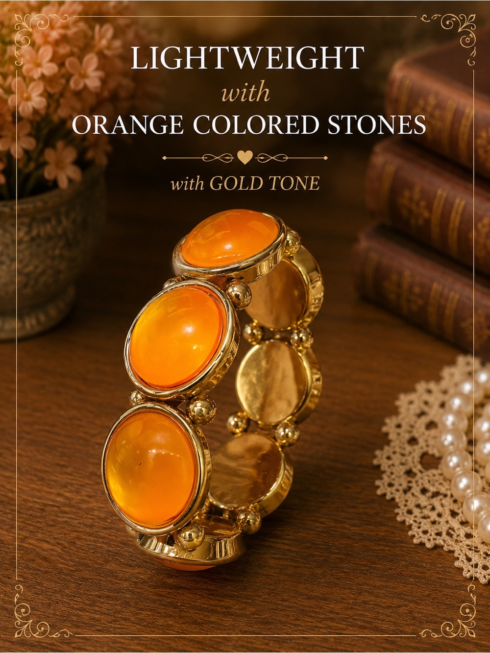 Source Unknown Gold Tone Bracelet with Orange Stones